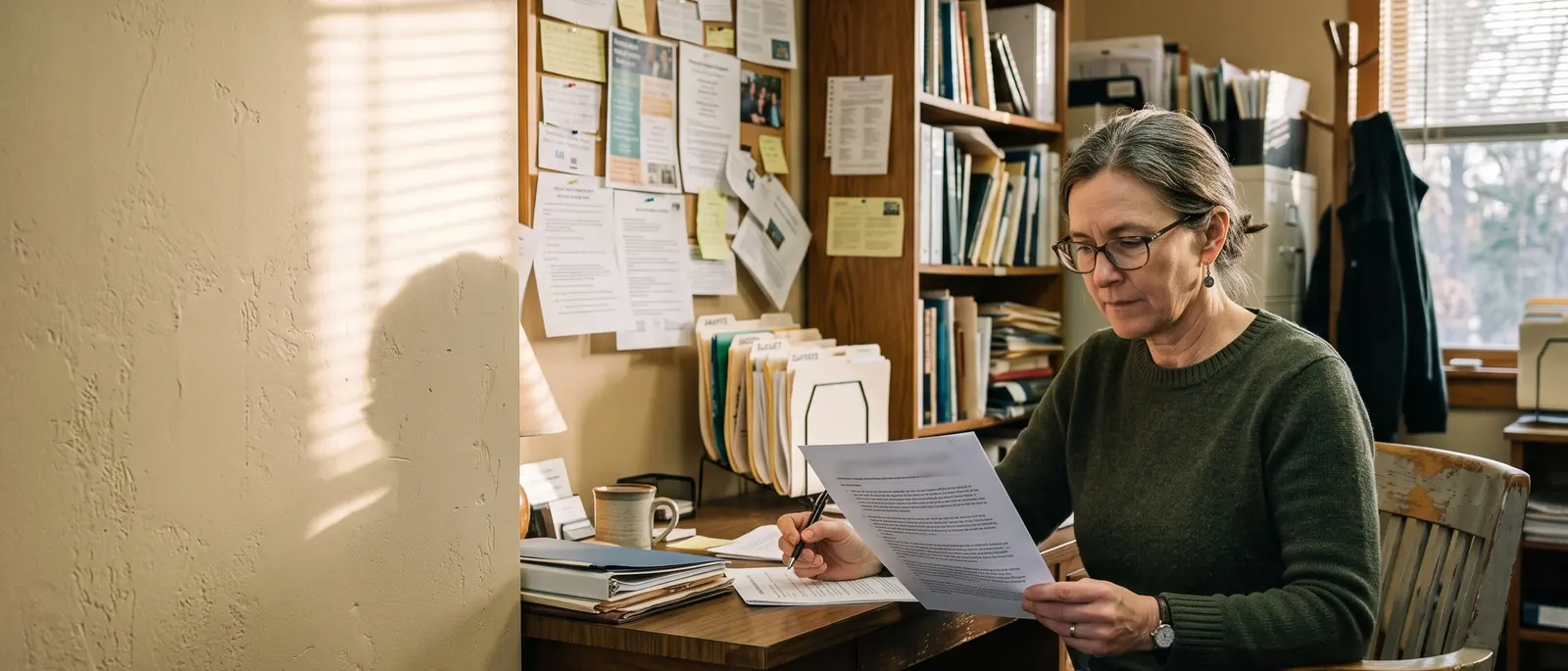 A person working at a desk in a small organisation office, papers spread beside a laptop.