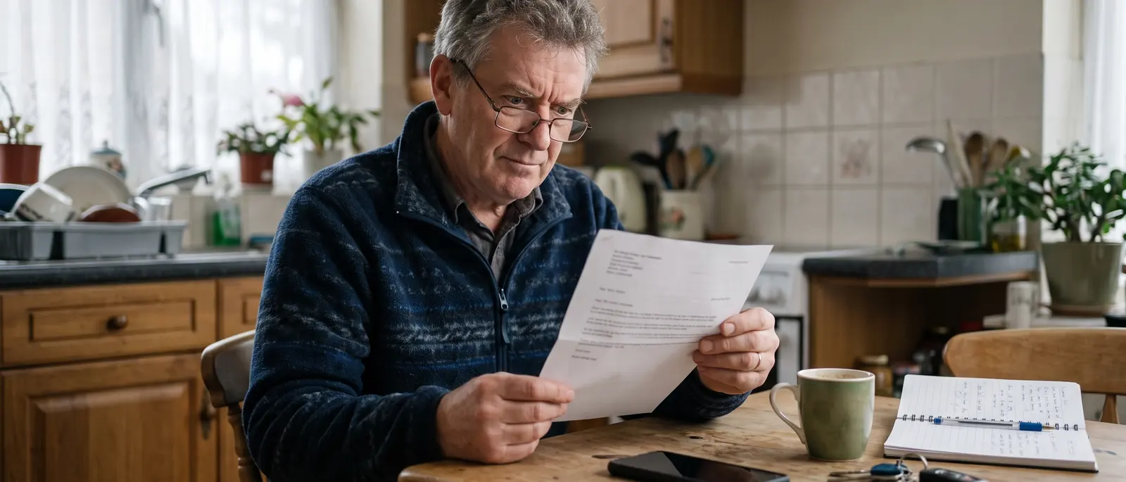 A person reading a letter closely at a kitchen table, phone face down beside them.