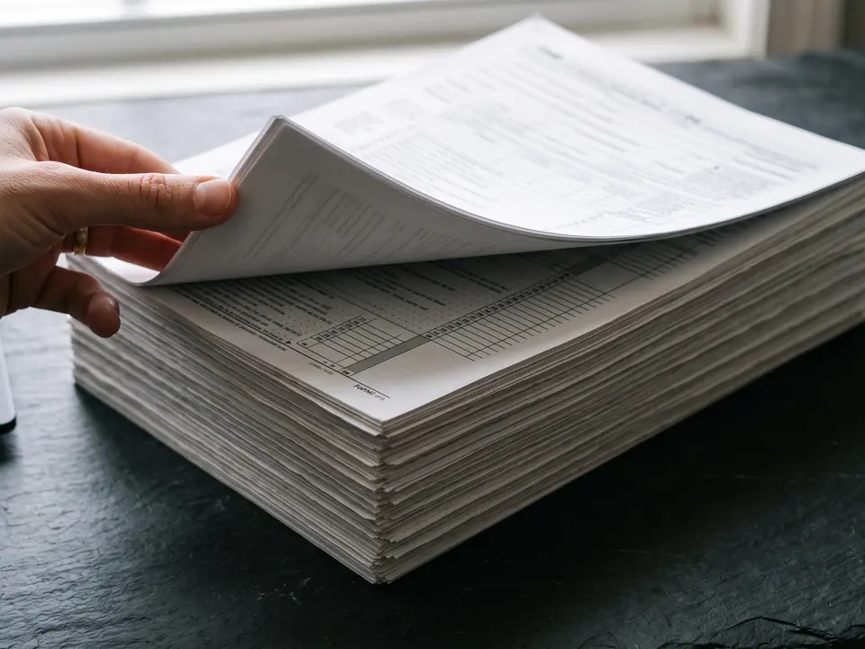 Macro photograph of a printed filing page lifted at one edge, showing a dense form grid.