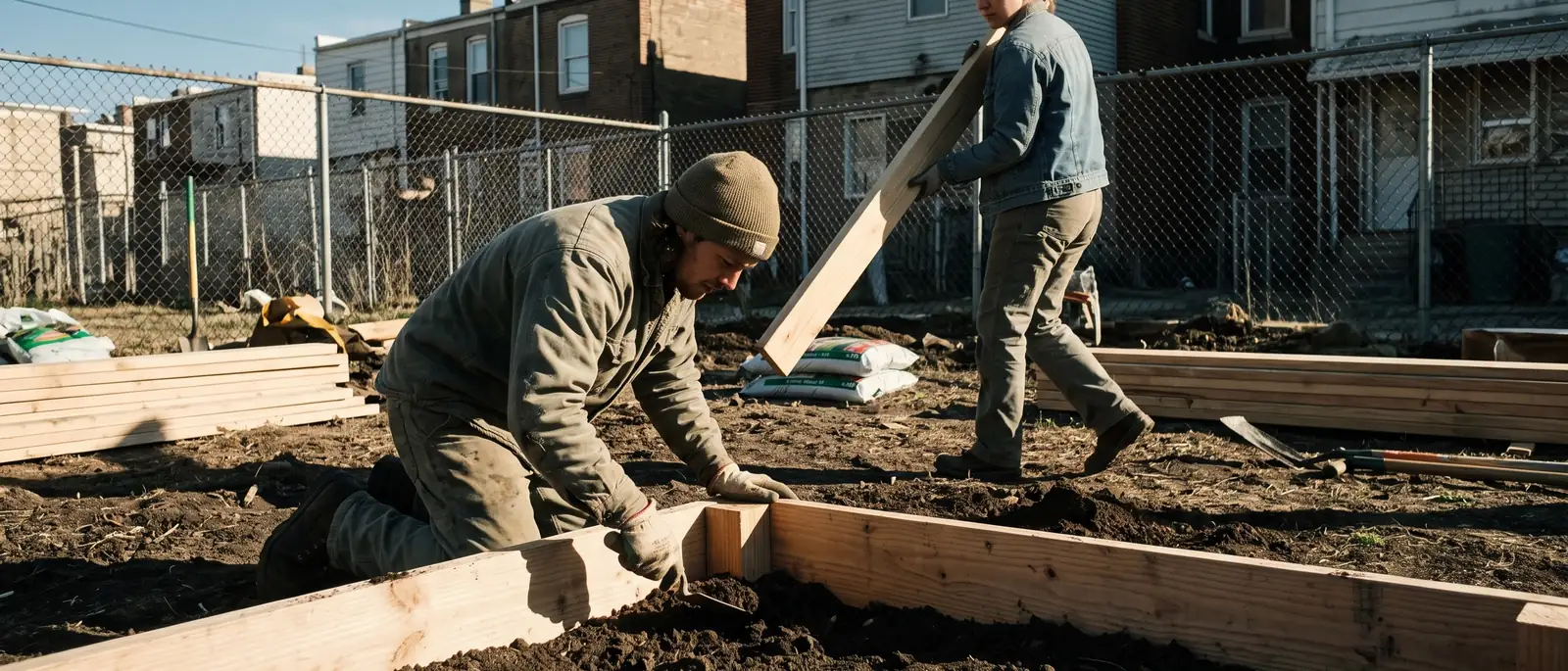 People working together on planting beds in a community garden.
