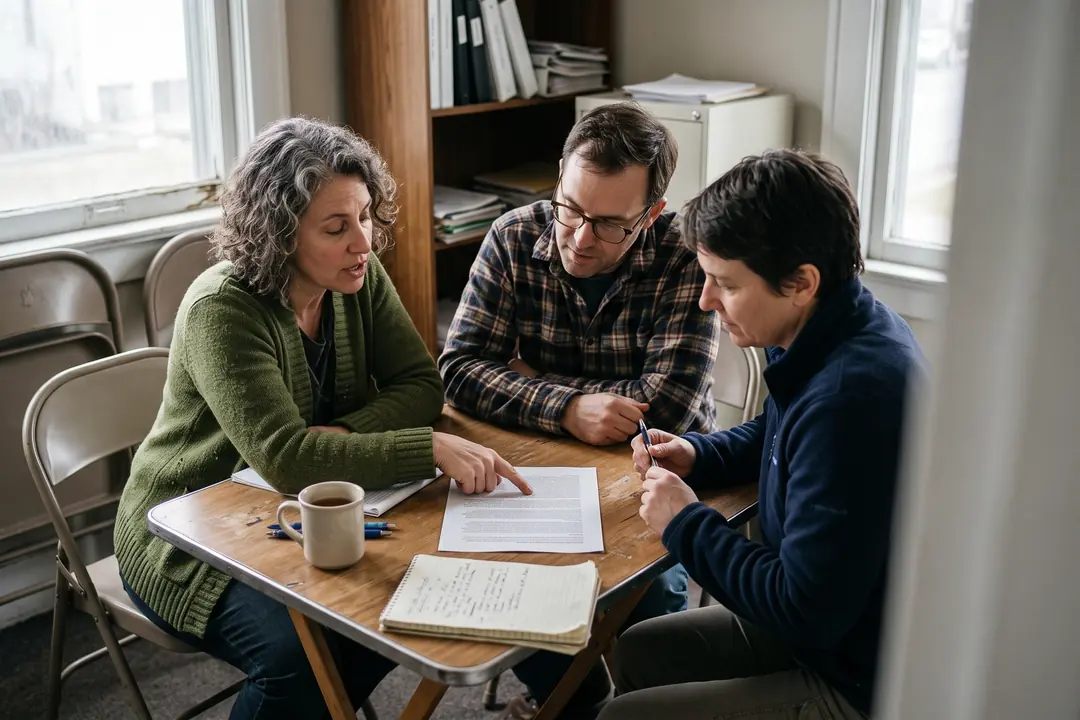 Three people around a table reading printed pages together.