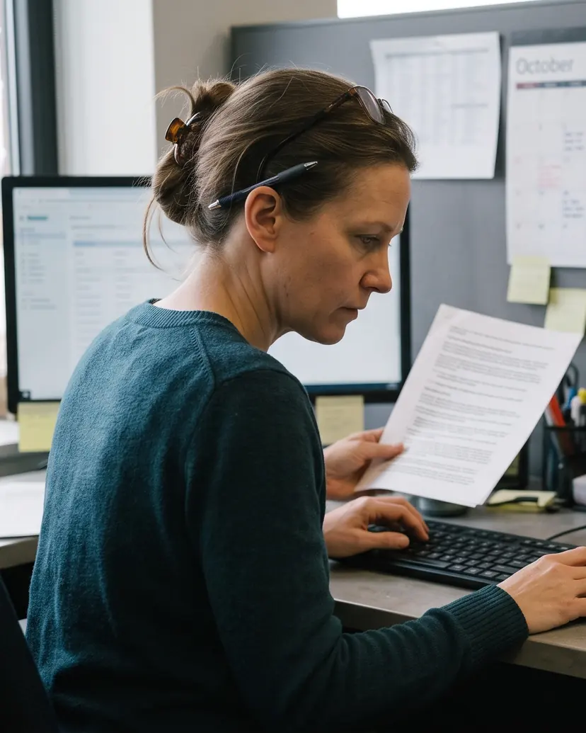 A research analyst at a desk holds a printed funding guideline beside a monitor, comparing one page against the other.