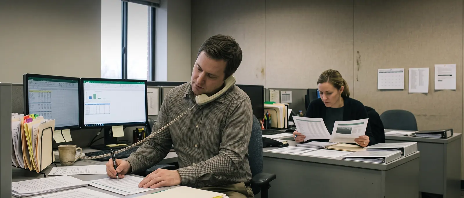 Two research analysts at a shared desk, comparing printed source documents against listings on their monitors.